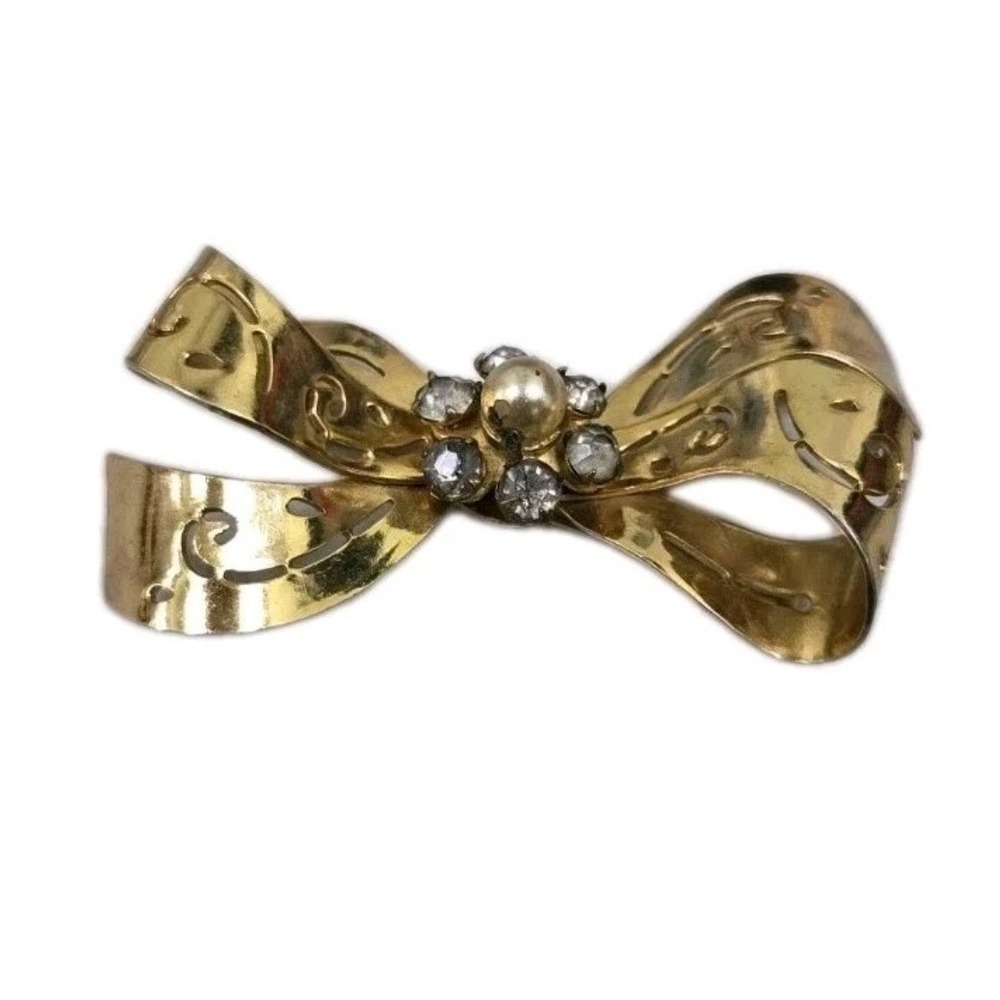 Vintage Coro Gold Tone Bow Brooch Faux Pearl Rhinestone Filigree Ribbon Pin